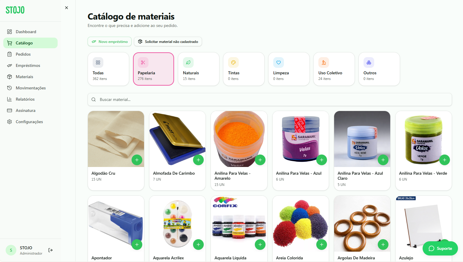 Tela de catálogo do STOJO com categorias e cards de materiais com foto.
